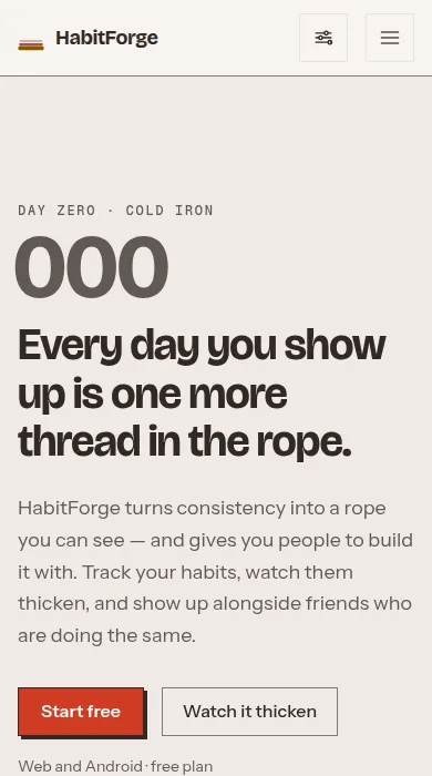 HabitForge home screen on a phone, captured from the live site