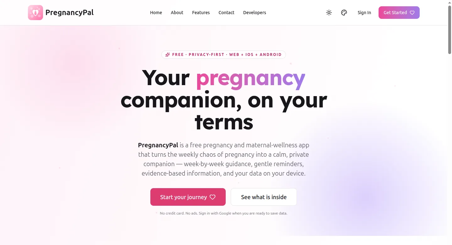 PregnancyPal home screen, captured from the live site