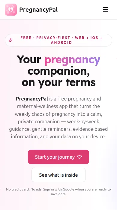 PregnancyPal home screen on a phone, captured from the live site