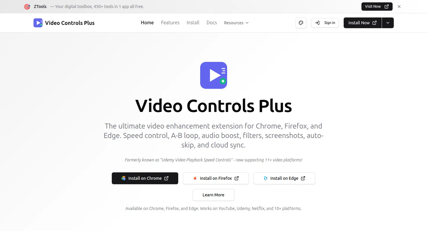 Video Controls Plus home screen, captured from the live site