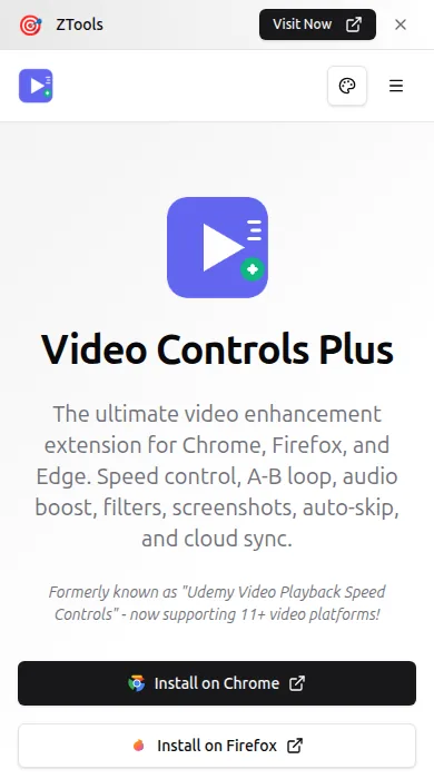 Video Controls Plus home screen on a phone, captured from the live site