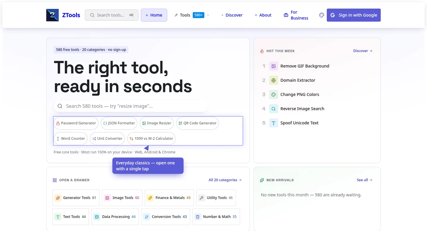 ZTools home screen, captured from the live site
